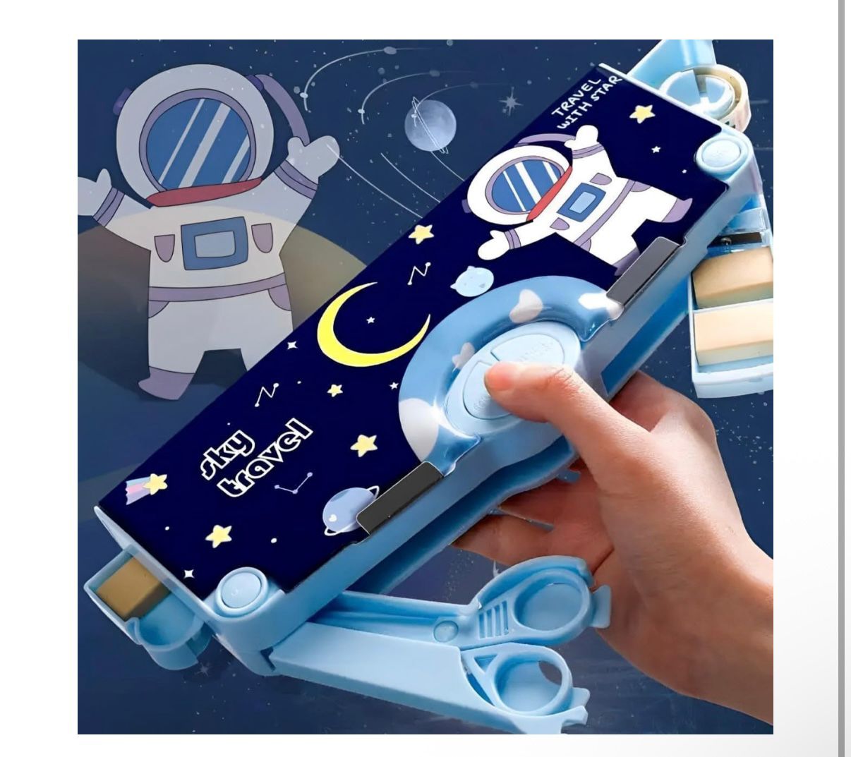 Plastic Branded Multi-Functional Pencil Box For Kids, Space Pencil Box For Boys & Girls, Magnetic Pencil Box For Boys, Space Theme Gifts For Kids With Accessories. (Navy Blue Astronaut)
