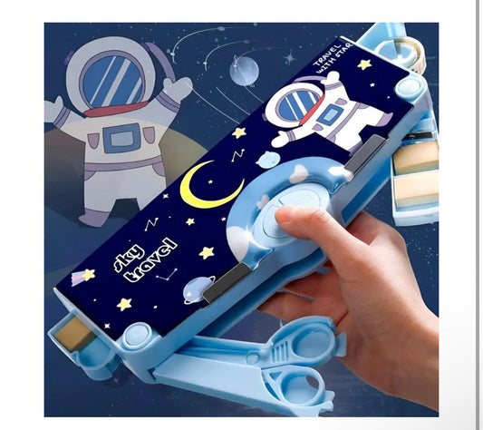 Plastic Branded Multi-Functional Pencil Box For Kids, Space Pencil Box For Boys & Girls, Magnetic Pencil Box For Boys, Space Theme Gifts For Kids With Accessories. (Navy Blue Astronaut)