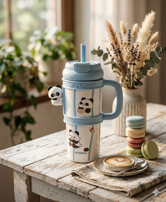 Tumbler with 3D Panda Charm, Double-Wall Insulated, BPA-Free, Removable Character Design (Blue)