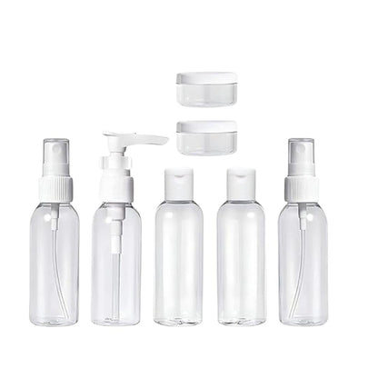 Travel Bottles Set, Clear Plastic, 7 Pieces, Spray Bottles, Lotion Pump, Flip Cap, Cream Jars, TSA Approved, Refillable Containers with Zipper Bag