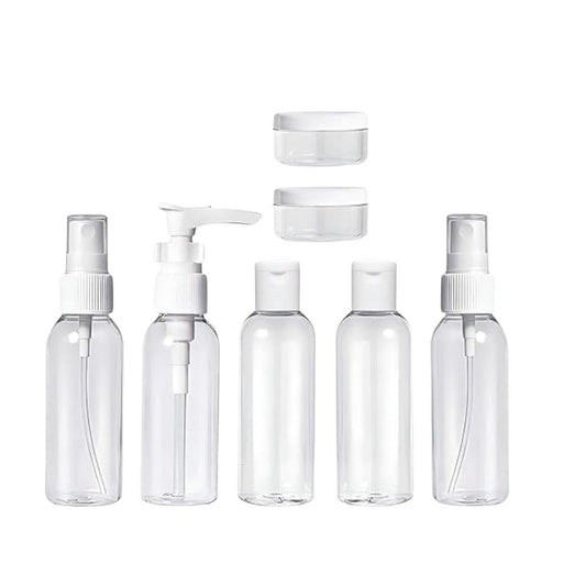 Travel Bottles Set, Clear Plastic, 7 Pieces, Spray Bottles, Lotion Pump, Flip Cap, Cream Jars, TSA Approved, Refillable Containers with Zipper Bag
