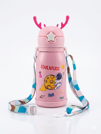 KATTY MAO kids water bottle, sipper water bottle for kids for girls and boys comes with a star push button in space theme character 450 ml, bpa free, stainless steel