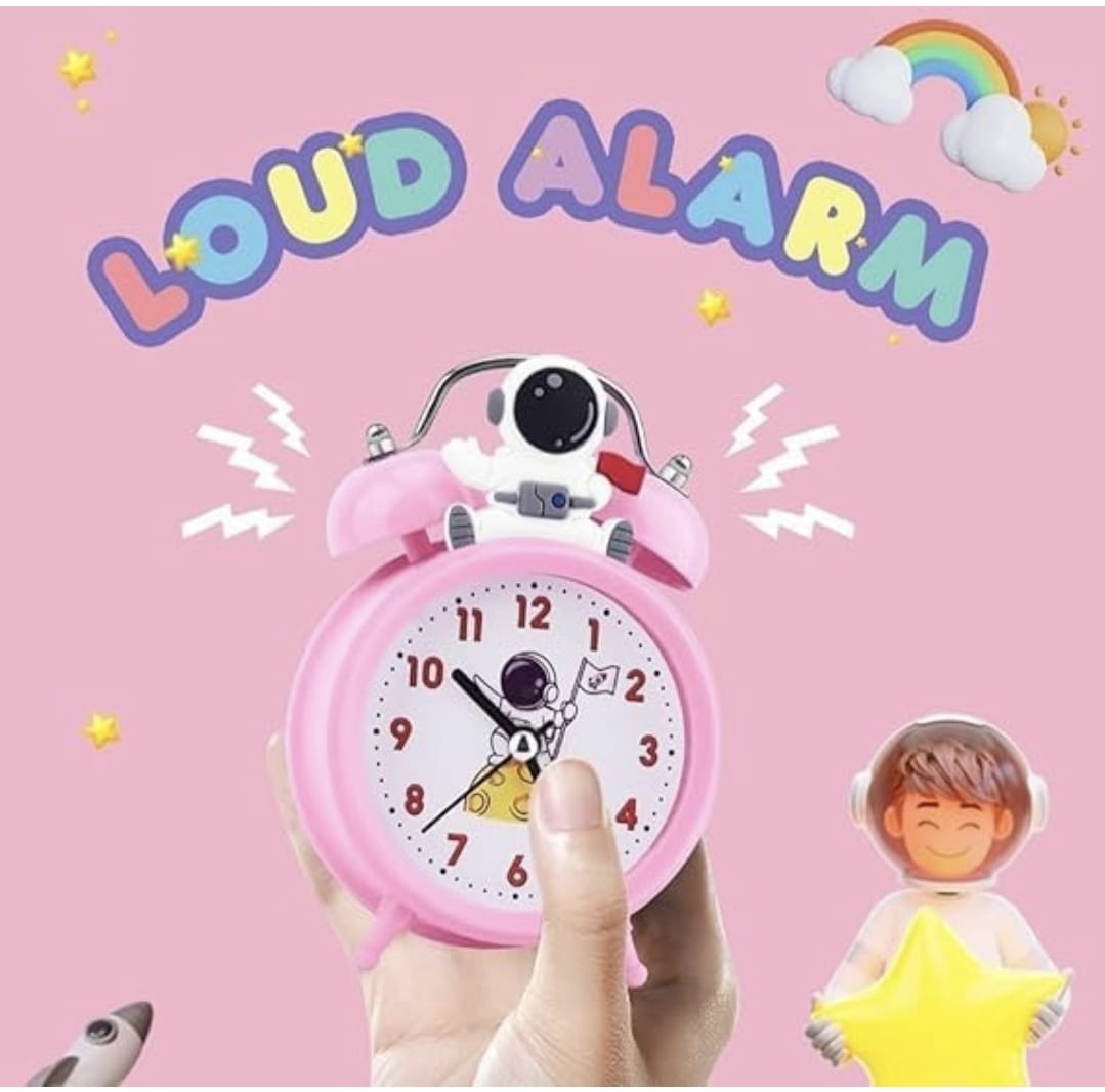Pink Astronaut Theme Twin Bell Analog Alarm Clock with Night Light