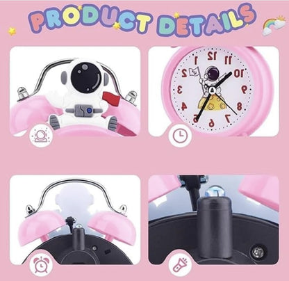 Pink Astronaut Theme Twin Bell Analog Alarm Clock with Night Light