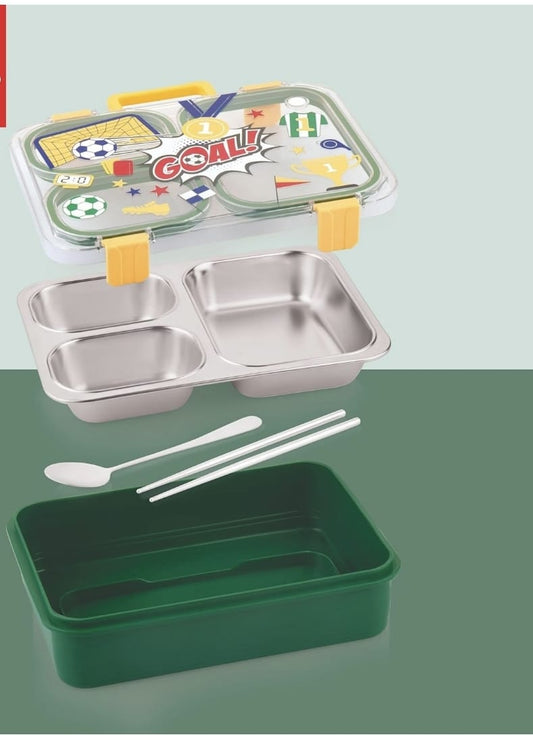 Cartoon Kids Stainless Steel Bento Lunch Box (4-Compartment) with Suitcase Handle