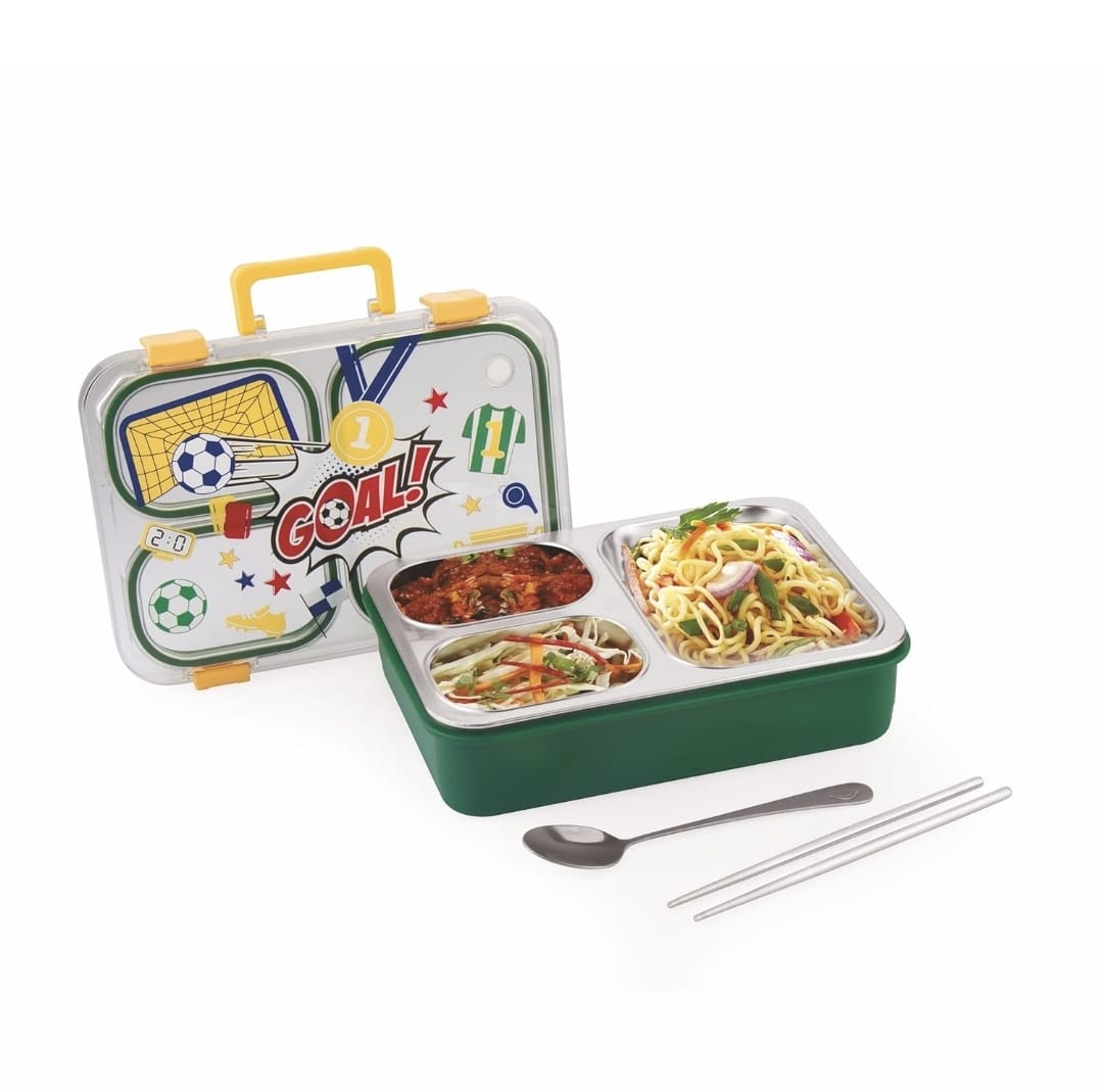 Cartoon Kids Stainless Steel Bento Lunch Box (4-Compartment) with Suitcase Handle