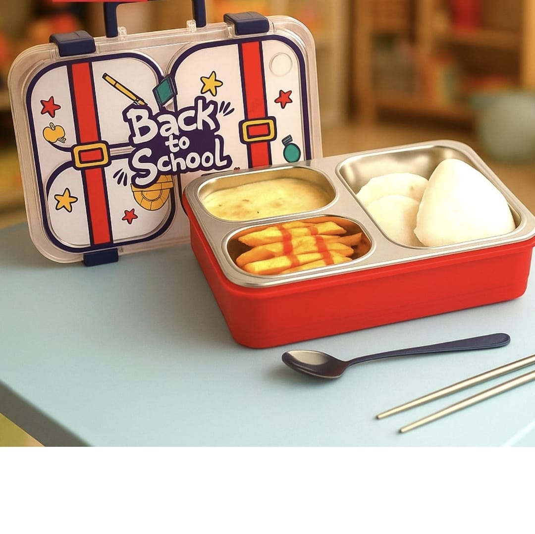 Cartoon Kids Stainless Steel Bento Lunch Box (4-Compartment) with Suitcase Handle
