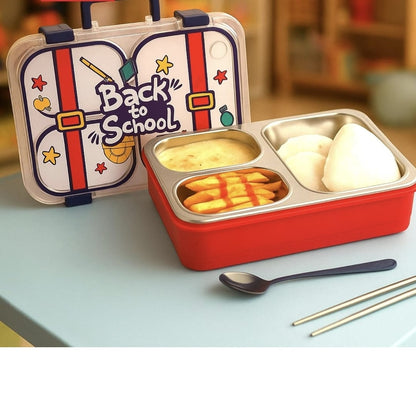 Cartoon Kids Stainless Steel Bento Lunch Box (4-Compartment) with Suitcase Handle