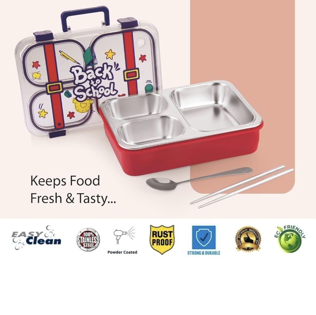 Cartoon Kids Stainless Steel Bento Lunch Box (4-Compartment) with Suitcase Handle