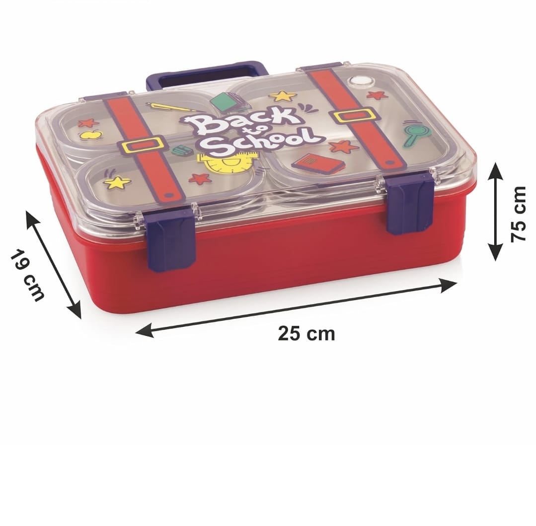 Cartoon Kids Stainless Steel Bento Lunch Box (4-Compartment) with Suitcase Handle