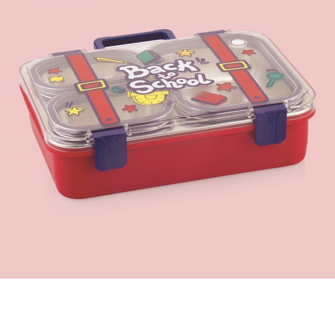 Cartoon Kids Stainless Steel Bento Lunch Box (4-Compartment) with Suitcase Handle