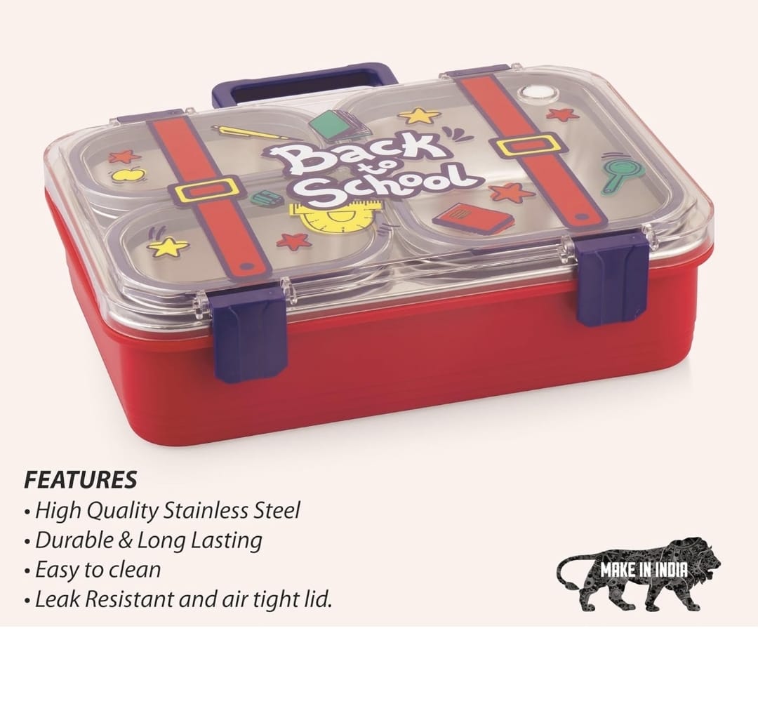 Cartoon Kids Stainless Steel Bento Lunch Box (4-Compartment) with Suitcase Handle