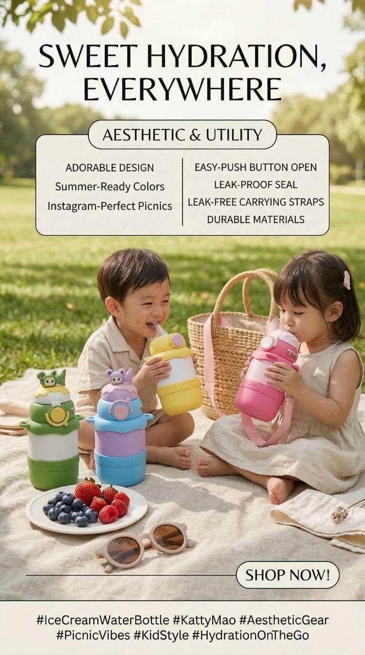 Ice Cream Shaped Water Bottle, Yellow and Pink, Cute Character Design, Kids Drinkware | 550 ML