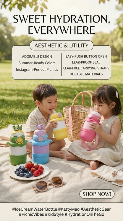 Ice Cream Shaped Water Bottle, Yellow and Pink, Cute Character Design, Kids Drinkware | 550 ML