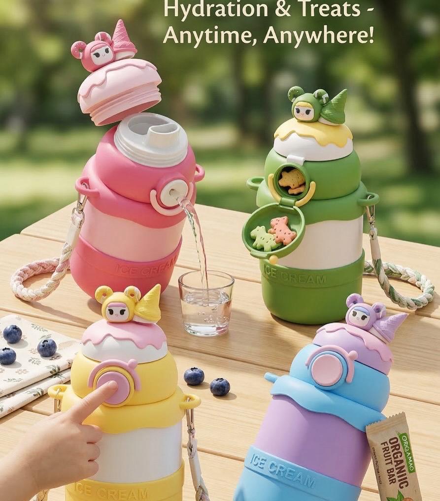Ice Cream Shaped Water Bottle, Yellow and Pink, Cute Character Design, Kids Drinkware | 550 ML