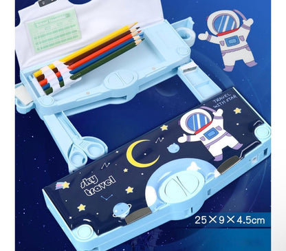 Plastic Branded Multi-Functional Pencil Box For Kids, Space Pencil Box For Boys & Girls, Magnetic Pencil Box For Boys, Space Theme Gifts For Kids With Accessories. (Navy Blue Astronaut)