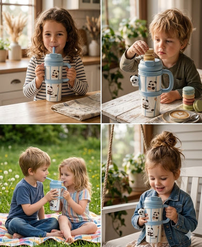 Tumbler with 3D Panda Charm, Double-Wall Insulated, BPA-Free, Removable Character Design (Blue)