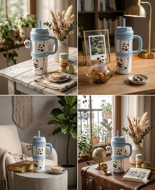 Tumbler with 3D Panda Charm, Double-Wall Insulated, BPA-Free, Removable Character Design (Blue)
