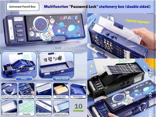 Multifunctional Space Password Lock Double Sided Compass Box for Kids, Pencil Box for Boy & Girl, Aesthetic Stationary Items, Space Astronaut Theme Pencil Case Return Gifts for Kids