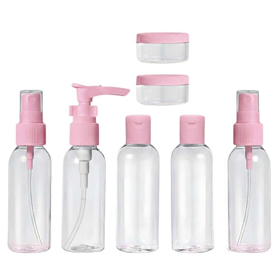 Travel Bottles Set, Clear Plastic, 7 Pieces, Spray Bottles, Lotion Pump, Flip Cap, Cream Jars, TSA Approved, Refillable Containers with Zipper Bag