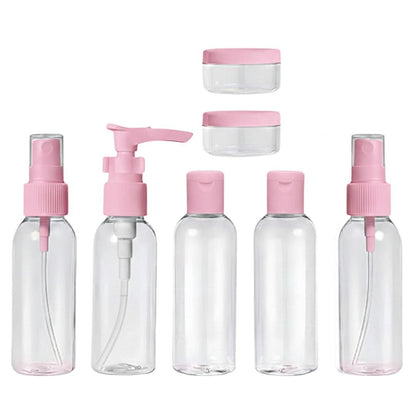 Travel Bottles Set, Clear Plastic, 7 Pieces, Spray Bottles, Lotion Pump, Flip Cap, Cream Jars, TSA Approved, Refillable Containers with Zipper Bag