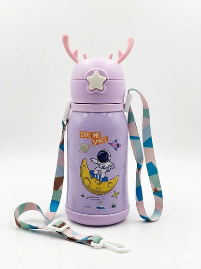 KATTY MAO kids water bottle, sipper water bottle for kids for girls and boys comes with a star push button in space theme character 450 ml, bpa free, stainless steel