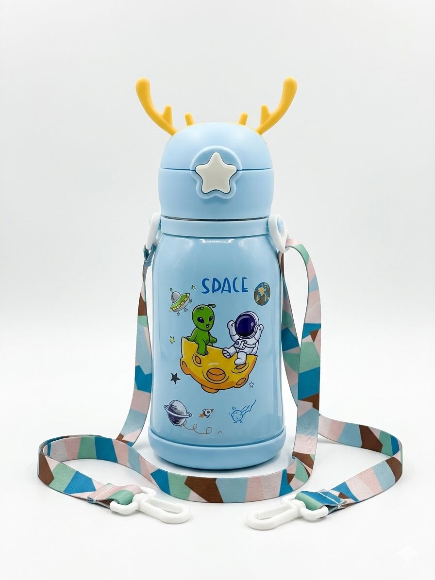 KATTY MAO kids water bottle, sipper water bottle for kids for girls and boys comes with a star push button in space theme character 450 ml, bpa free, stainless steel