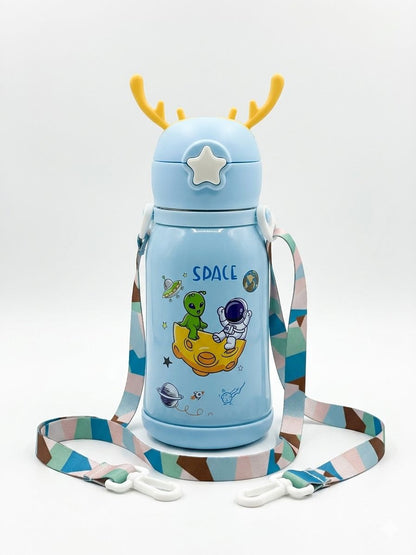 KATTY MAO kids water bottle, sipper water bottle for kids for girls and boys comes with a star push button in space theme character 450 ml, bpa free, stainless steel