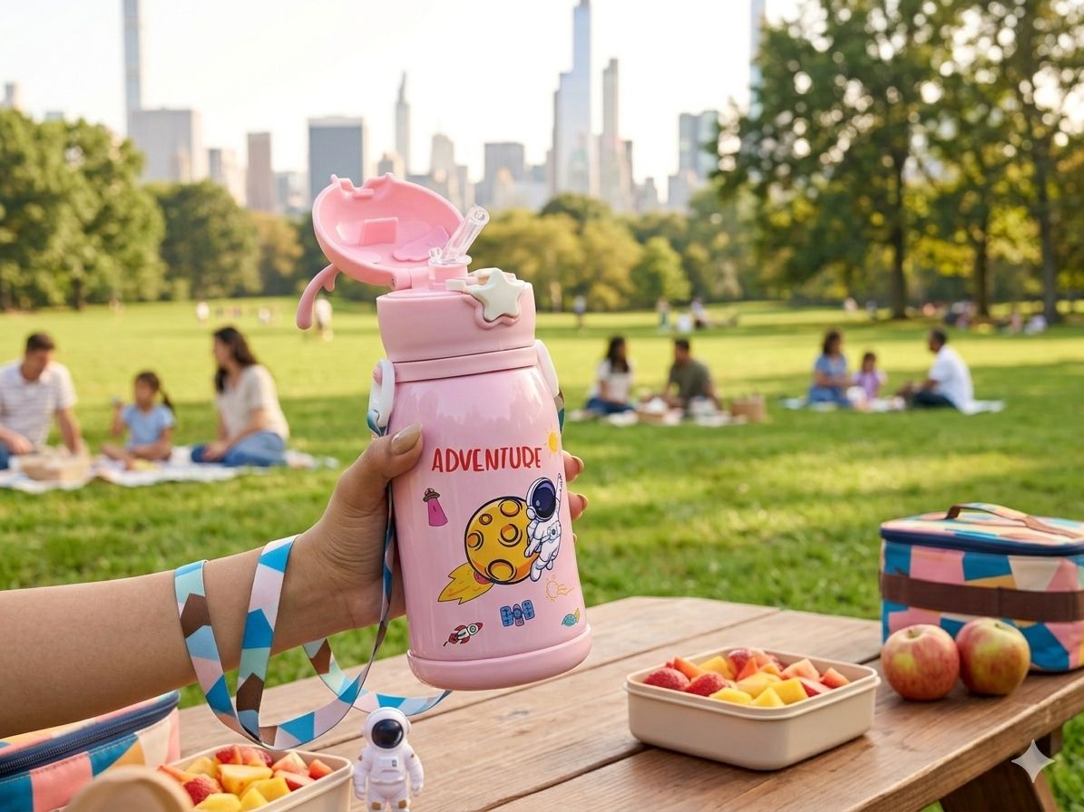KATTY MAO kids water bottle, sipper water bottle for kids for girls and boys comes with a star push button in space theme character 450 ml, bpa free, stainless steel