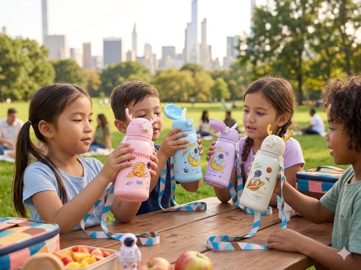 KATTY MAO kids water bottle, sipper water bottle for kids for girls and boys comes with a star push button in space theme character 450 ml, bpa free, stainless steel