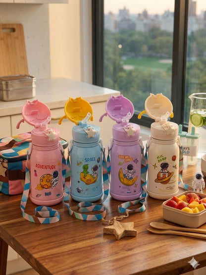 KATTY MAO kids water bottle, sipper water bottle for kids for girls and boys comes with a star push button in space theme character 450 ml, bpa free, stainless steel