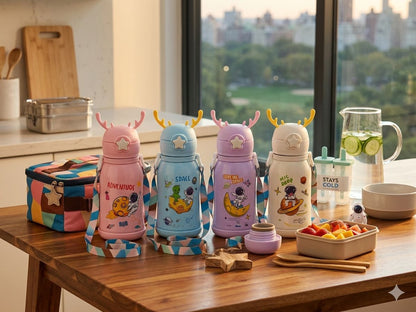 KATTY MAO kids water bottle, sipper water bottle for kids for girls and boys comes with a star push button in space theme character 450 ml, bpa free, stainless steel