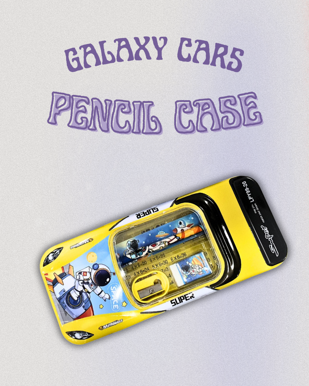 KATTY MAO My First Best Friend Super Space Galaxy Car Pencil Case Set with Multiplication Table, Yellow, Metal, Astronaut Design, School Stationery Kit with Pencil, Sharpener, Ruler.