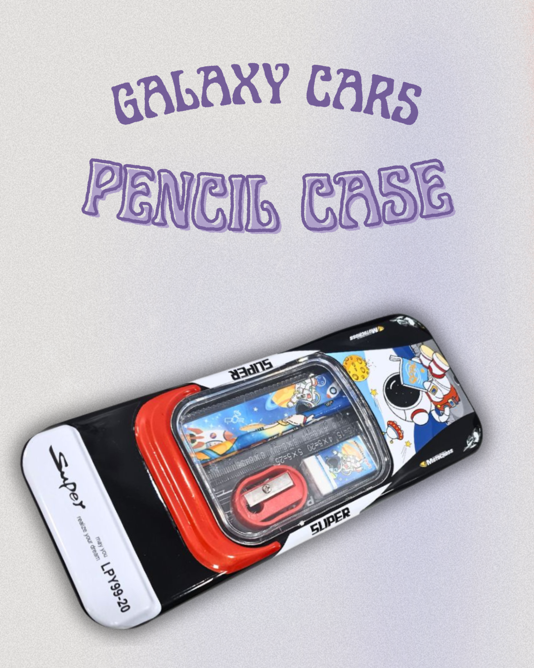 KATTY MAO My First Best Friend Super Space Galaxy Car Pencil Case Set with Multiplication Table, Yellow, Metal, Astronaut Design, School Stationery Kit with Pencil, Sharpener, Ruler.