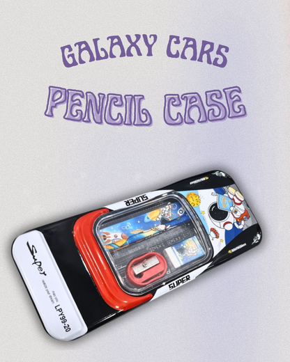 KATTY MAO My First Best Friend Super Space Galaxy Car Pencil Case Set with Multiplication Table, Yellow, Metal, Astronaut Design, School Stationery Kit with Pencil, Sharpener, Ruler.