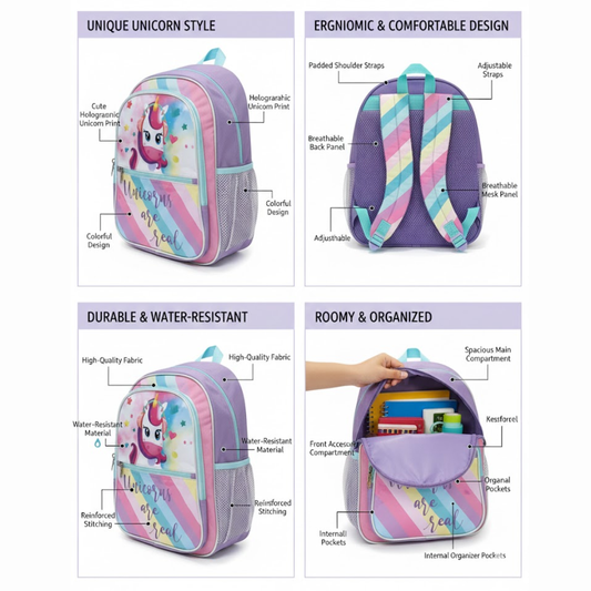 Unicorn & Rainbow Print Bag | Lightweight & Durable | Spacious Compartments