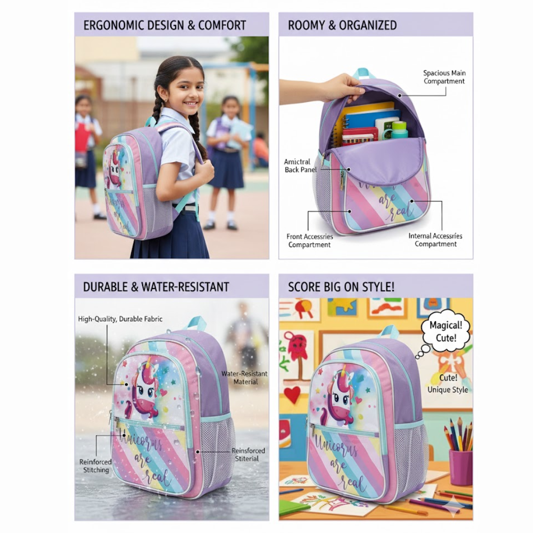 Unicorn & Rainbow Print Bag | Lightweight & Durable | Spacious Compartments