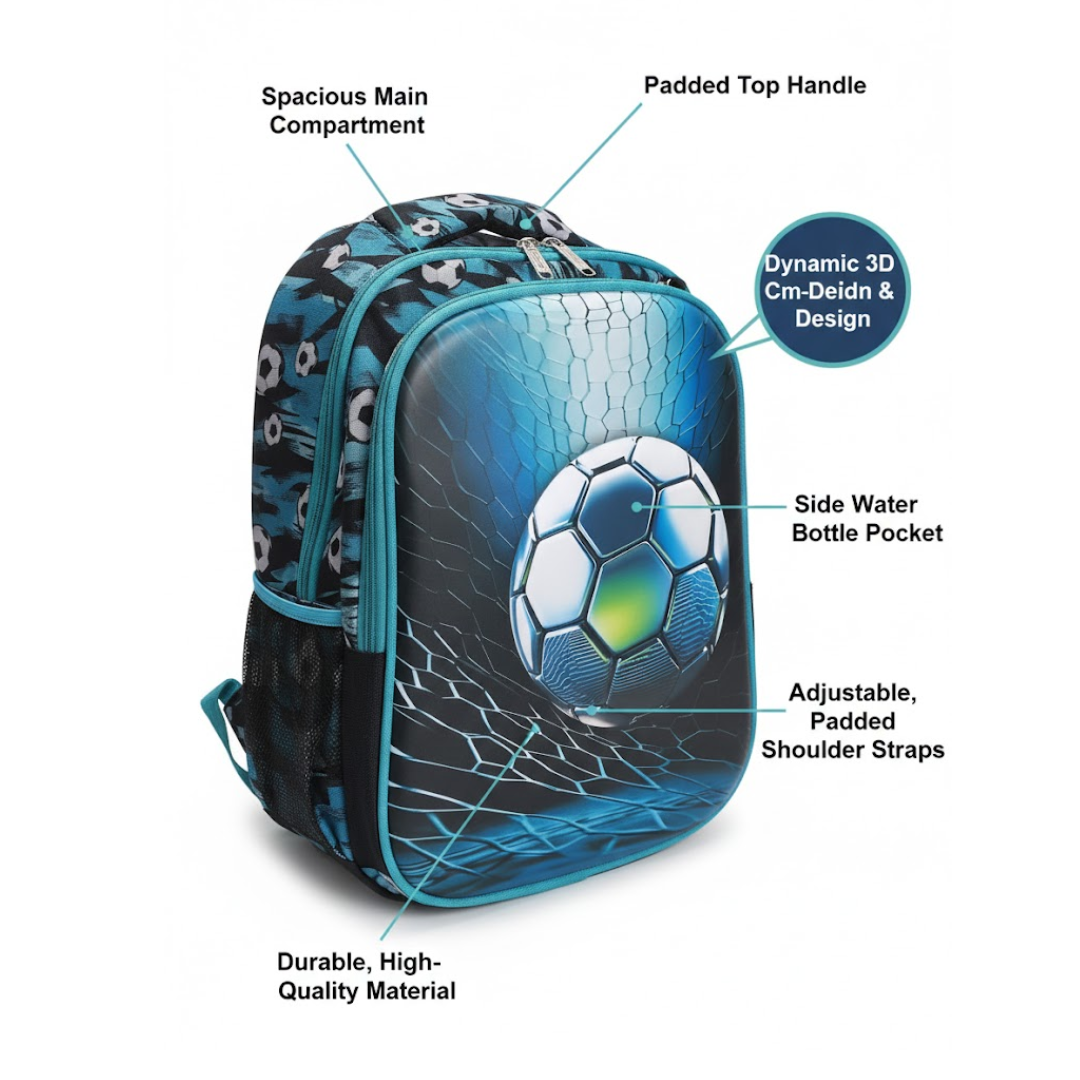 Football theme Backpack | Lightweight | 3D Print | Bag with Zipper | Pencil case